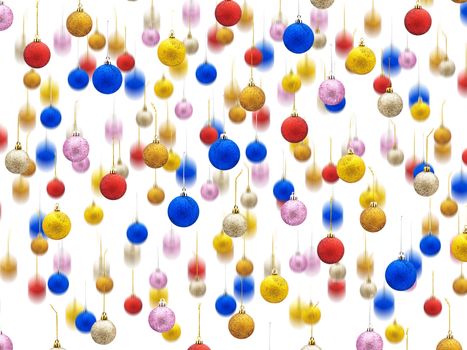 falling New year multicolored toys against white background