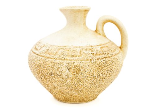 Single ancient beige vase against white background 