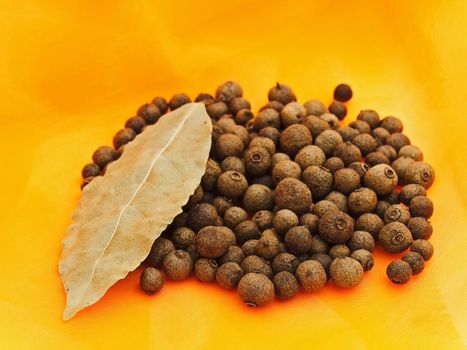 allspice and bay leaf over orange textile background