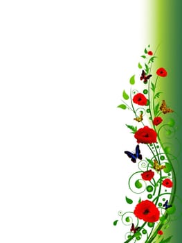 vertical floral multicolored summer frame with swirls, butterfly and foliage with copy-space for your text 