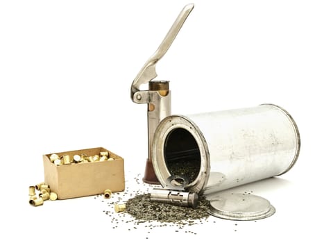 Photo of gunpowder and hunting accessories against white background