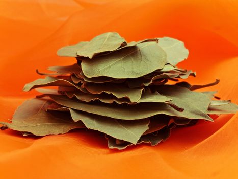 Photo of bay leaves stack at orange textile