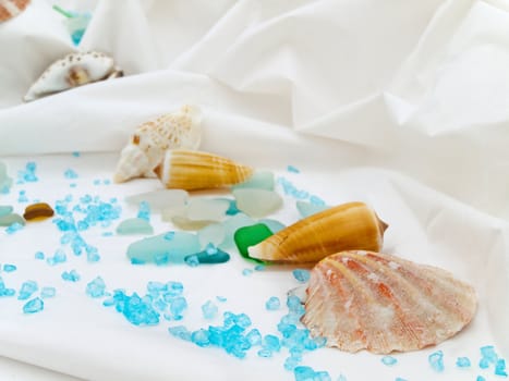 marine decor with sea shell,  and decorative stones at white