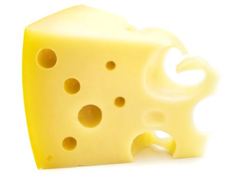 Photo of tasty yellow piece of cheese against the white background 