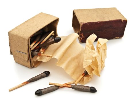 Photo of old hunting matches with much sulfur scattered from matchbox