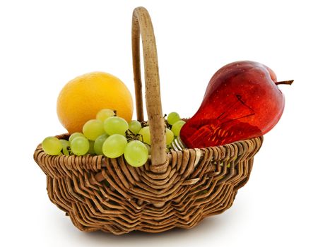 basket with grape, orange and apple lightening bulb against white background