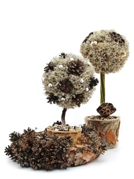 Handmade decoration tree from pine tree and cones against the white background