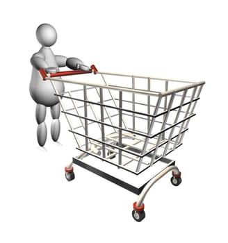 3D puppet pushing a shopping cart over white background