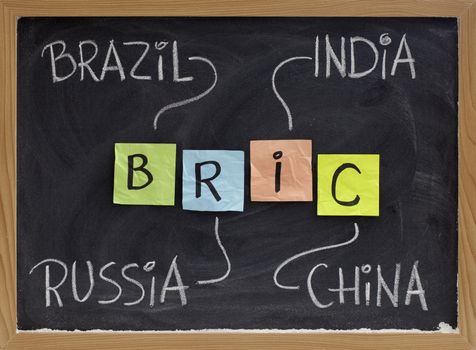 BRIC (Brazil, Russia, India, China) acronym - emerging markets or new economies, white chalk handwriting, colorful sticky notes on blackboard