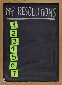 my resolutions - blank numbered list, white chalk handwriting and reminder notes on blackboard