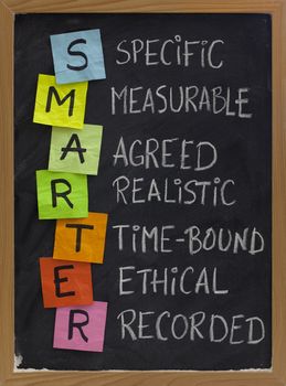 SMARTER (specific, measurable, agreed, realistic, time-bound, ethical, recorded) - acronym for goal setting approach, white chalk handwriting, colorful sticky notes on blackboard