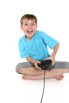 A young boy enjoying a computer game.