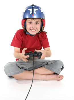 Happy child playing a flight game.