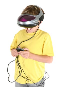 A young boy enjoying virtual reality games.