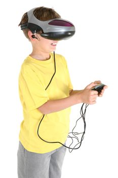 A happy child playing a virtual reality game.
