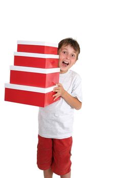 A child carries an array of gift boxes.