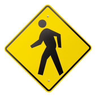 A yellow safety or warning sign for pedestrians walking isolated on a white background