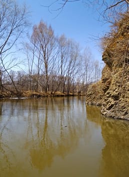 Spring landscape with the river and breakage