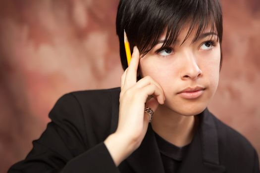 Multiethnic Girl Ponders While Holding Her Pencil.