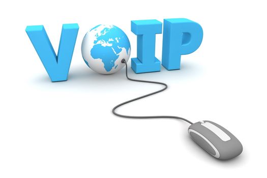 modern grey computer mouse connected to a blue globe in the the blue word VOIP