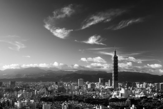 Landscape of city in Taipei with beautiful skyline and clouds in Taiwan.