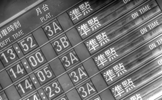 Railroad departure board write in Chinese words in Taipei.
