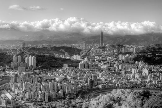 Taipei cityscape of builds and clouds in Black and White.