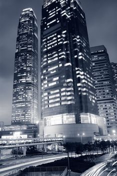 Dramatic buildings stands under the dark sky in Hong Kong of China.