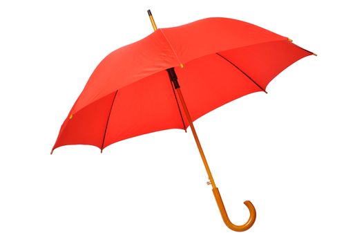 Open red umbrella isolated on white background