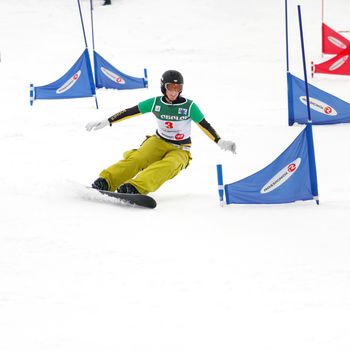 KIEV, UKRAINE - MARCH 4, 2007: A participant in action during Snowboard European Cup: full throttle on March 4, 2007 in Kiev, Ukraine