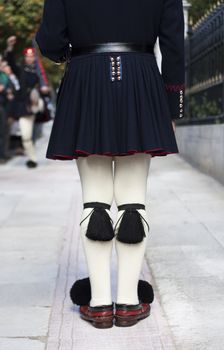 Evzones (palace ceremonial guards) changing the guard outside the Presidential Mansion in Athens, Greece. Evzones are also known locally as Tsoliades.