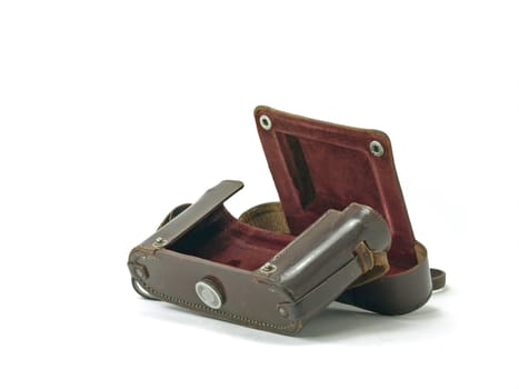 old brown leather camera case over white background 