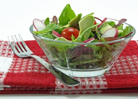 bowl of fresh baby-greens, avocado and radish salad 