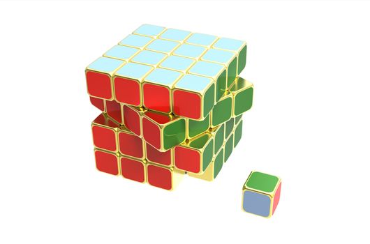 Almost solved puzzle cube isolated on white