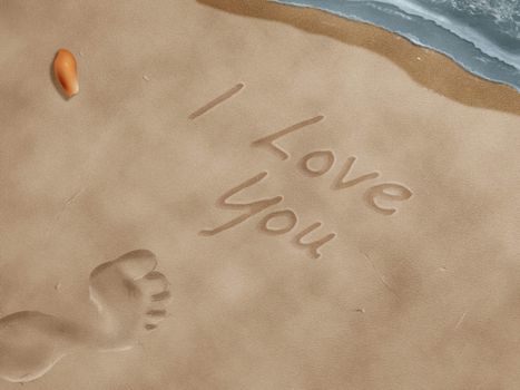 words of love and footprint carved in the sand on the beach