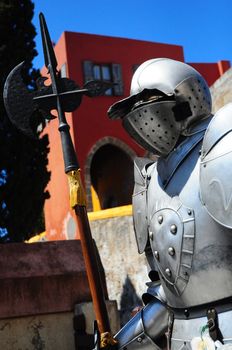 A puppet of a medieval knight on the streets of the old city.