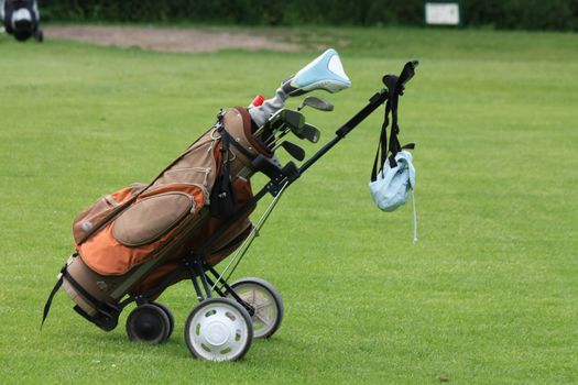 A brown golfbag, loaded with clubs and left on the green