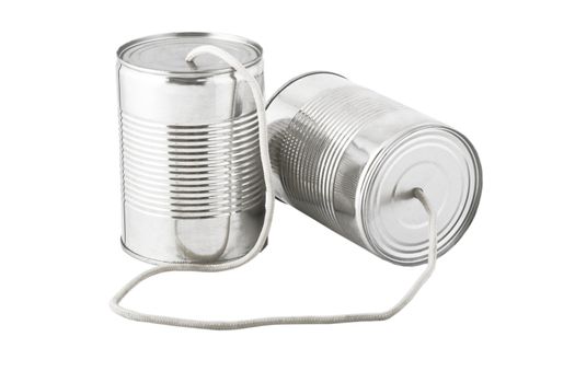 Closeup of tin cans telephone connected by string on white background, business communication concept 