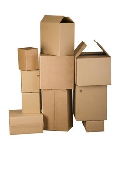 Brown different cardboard boxes arranged in stack on white background