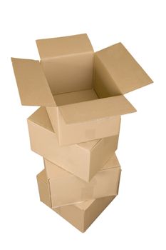 Brown cardboard boxes arranged in stack on white background