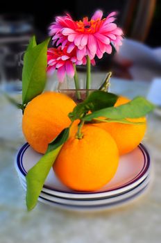 The saucer on three just plucked oranges. Behind them stand in a glass flowers.

