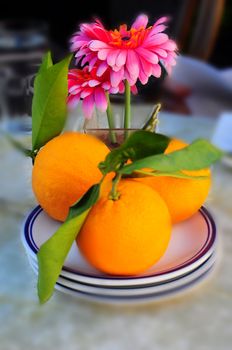 The saucer on three just plucked oranges. Behind them stand in a glass flowers.


