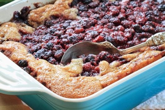 Macro of Blackberry Cobbler. Extreme shallow DOF with selective focus on lower corner of dish on golden crust and berries near spoon.