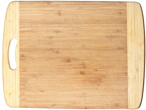 Isolated used wooden cutting board. Clipping path included