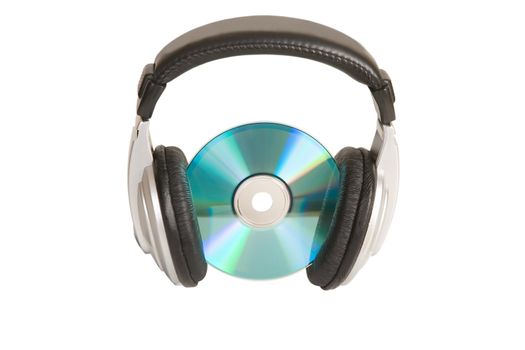 music concept, headphone and cd/dvd on white background