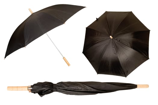 black umbrella isolated on white, protection from sun and rain