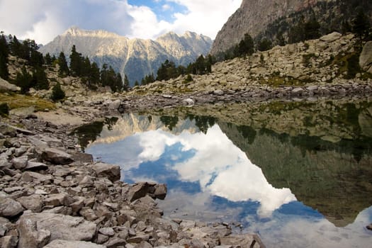 Reflection in lake - Aiguestortes National Park, Spain. Autumn day.