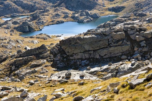 Aerial view on small lake in Pyrenees Aiguestortes National Park.