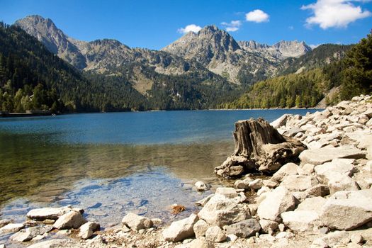 Beauty Sant Maurici lake in Pyrenees mountain. National Park.