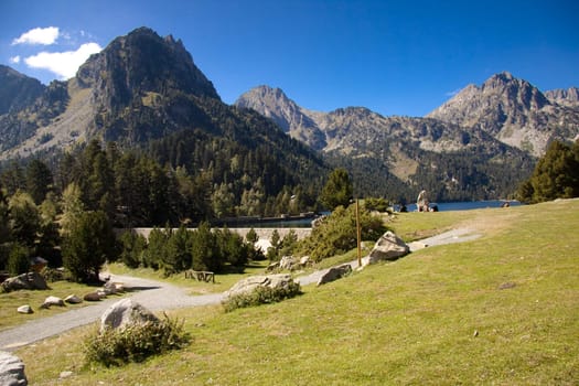 Summer day in Pyrenees. Sant Maurici lakeBeauty view